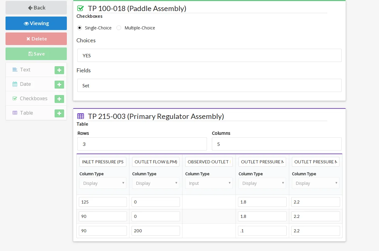 The Form Builder editing an inspection type, showing checkbox and table field definitions with column types and spec values.