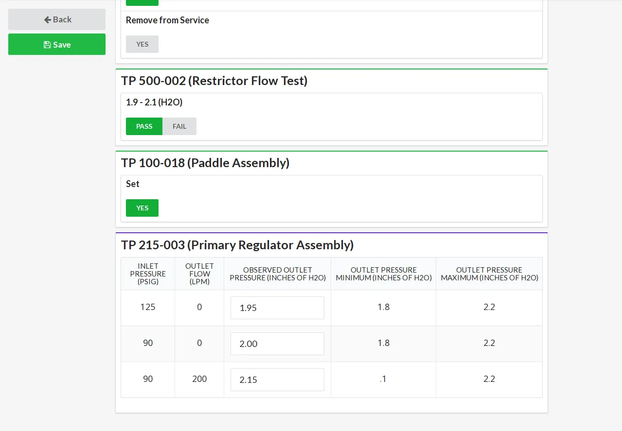 A generated inspection form with pass/fail controls and a data-entry table for pressure and flow readings against minimum and maximum specs.