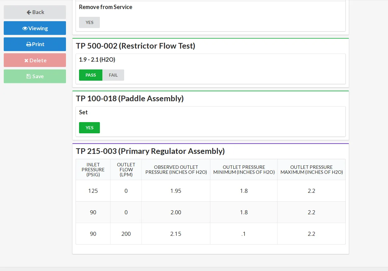 The same inspection in read-only view mode with print and delete actions and the recorded readings.
