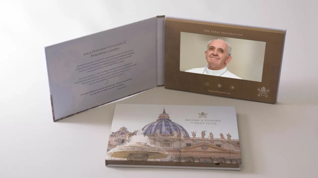 A videobook produced for the Papal Foundation: a hardcover with an embedded 7-inch IPS screen on the inside cover.